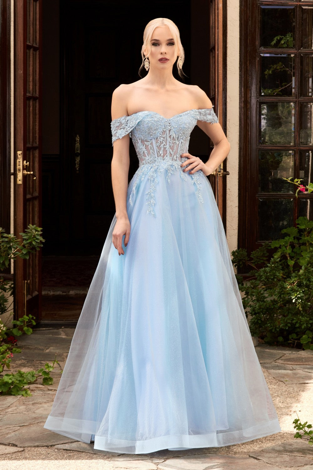 Off the Shoulder Lace Bodice Tulle A-Line Gown by Cinderella Divine CD961 -  Special Occasion/Curves