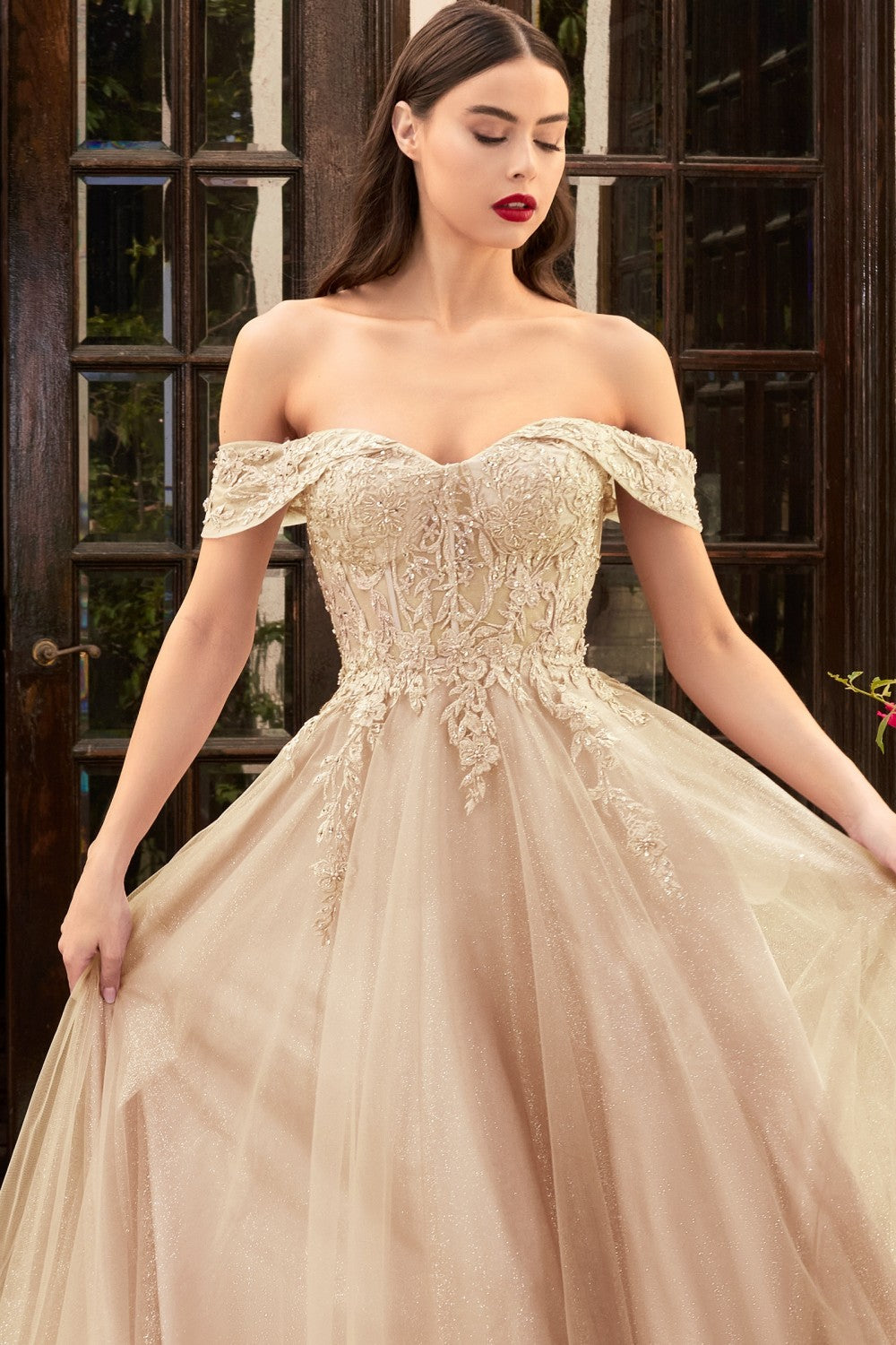 Off the Shoulder Lace Bodice Tulle A-Line Gown by Cinderella Divine CD961 - Special Occasion/Curves
