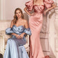 Satin Gown With Puff Sleeve by Cinderella Divine CD983C - Curves