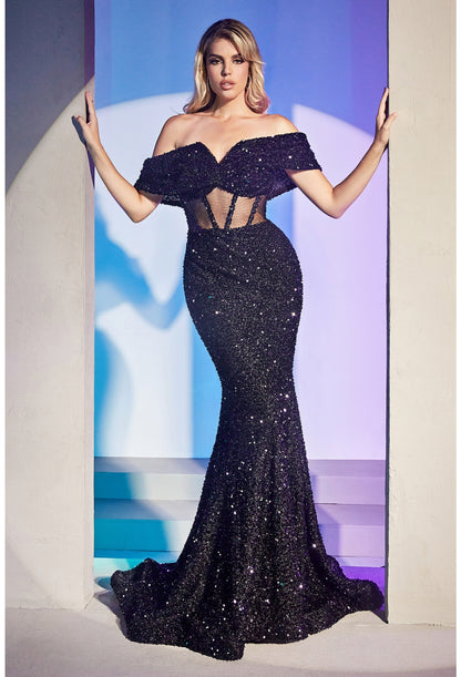 Off the Shoulder Sequin Sheer Bodice Mermaid Gown by Cinderella Divine CD985 - Special Occasion
