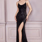 Fitted Sequin Cowl Gown with Lace up Back by Cinderella Divine CF199 - Special Occasion