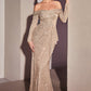 Sequin Off The Shoulder Long Sleeve Slit Women Formal Gown By Ladivine CH135 - Special Occasion/Curves
