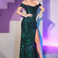 Off The Shoulder Ruched Sequin Slit Gown By Ladivine CH144 - Special Occasion/Curves