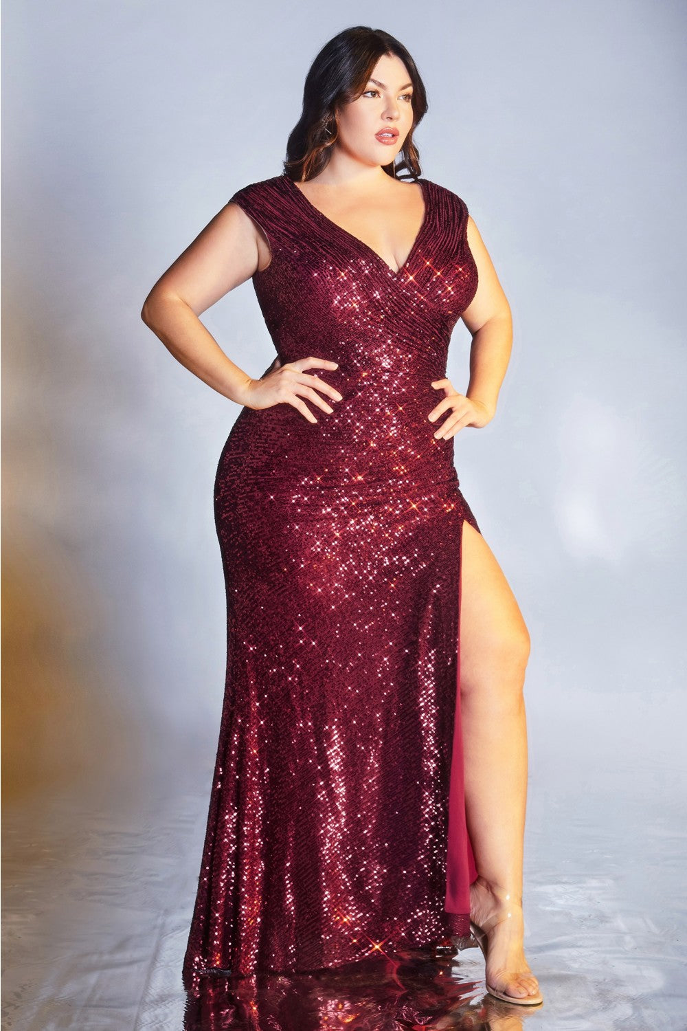 Fitted Sequin Evening Gown by Cinderella Divine - CH198C  - Curves