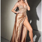 Gold Sexy Lace and Satin Slit Dress- Women Formal Gown -Cinderella Divine CM318 - Special Occasion