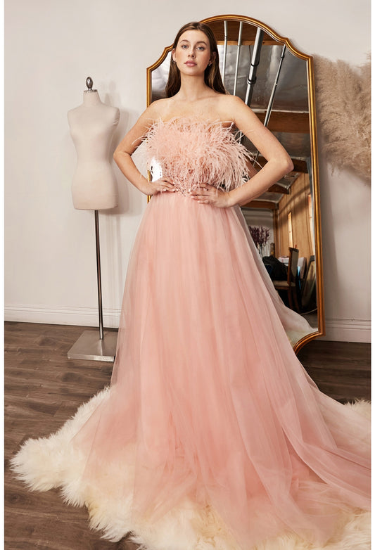 Strapless Feather Ball Gown by Cinderella Divine CR864 - Special Occasion