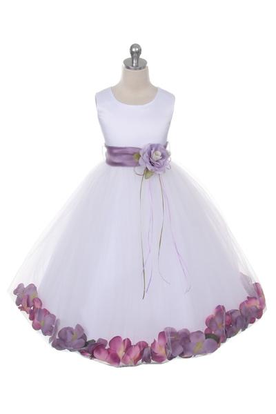 Ivory Satin Flower Petal Girls Dress with Organza Sash (1 of 2) 4 / Ivory / Lavender