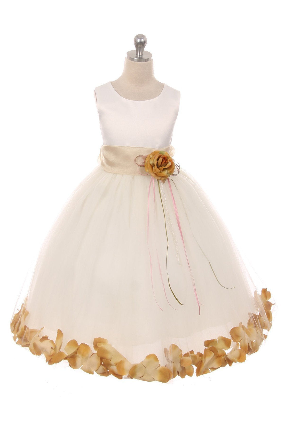 Ivory Satin Flower Petal Girls Dress with Organza Sash (1 of 2) 12 / Ivory / Champagne