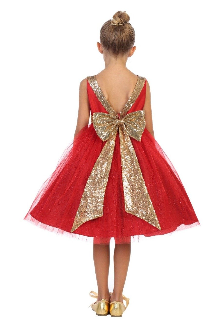 slim fit dress slacks Kids Dream 498 Red Dupioni Tulle Dress w/ Gold Sequins V-Back &Bow - Size: 4