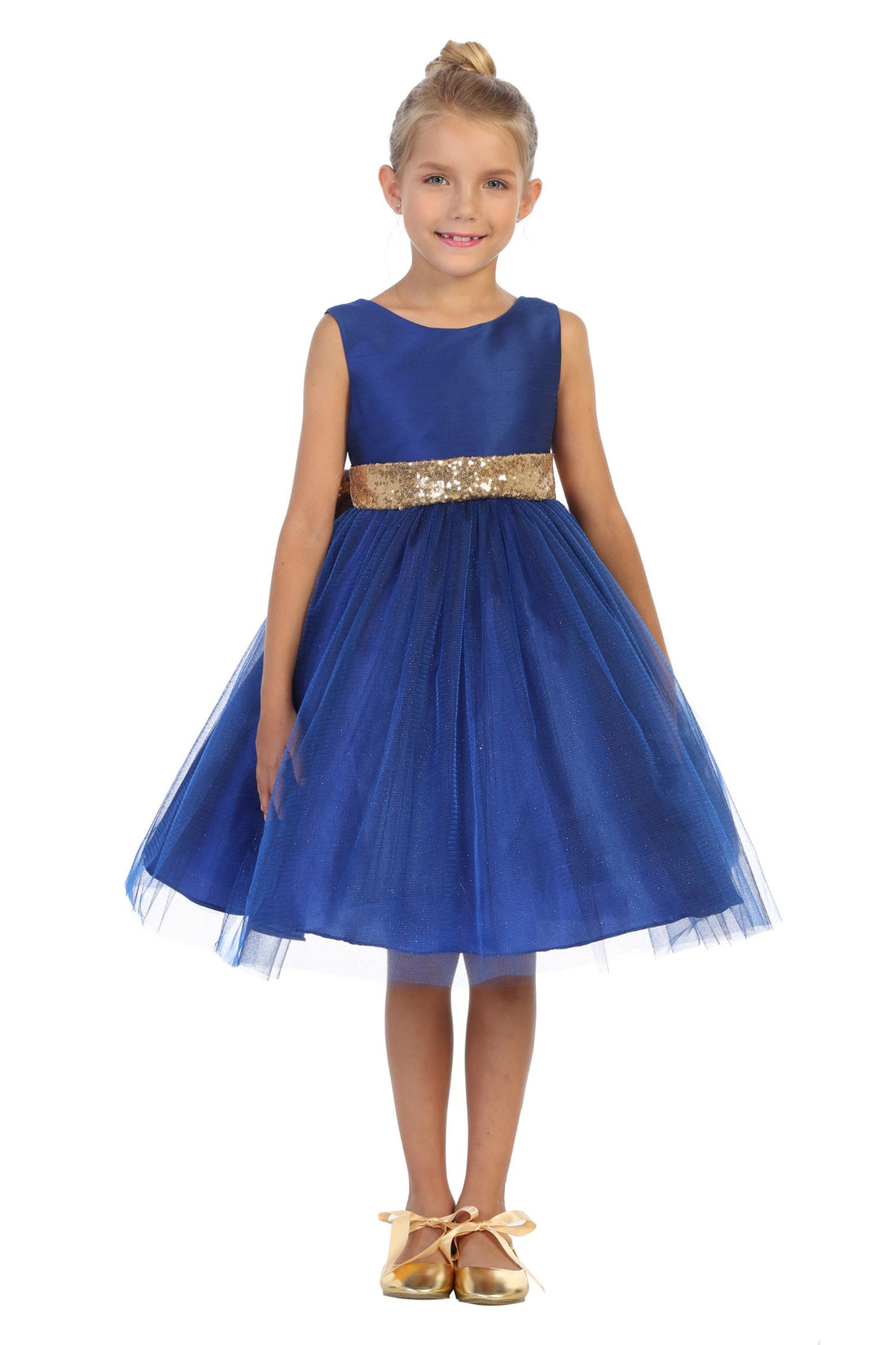 Kids Dream 498 Royal Blue Dupioni Tulle Dress W/ Gold Sequins V-Back &Bow - Size: 16.5 | Pink Princess