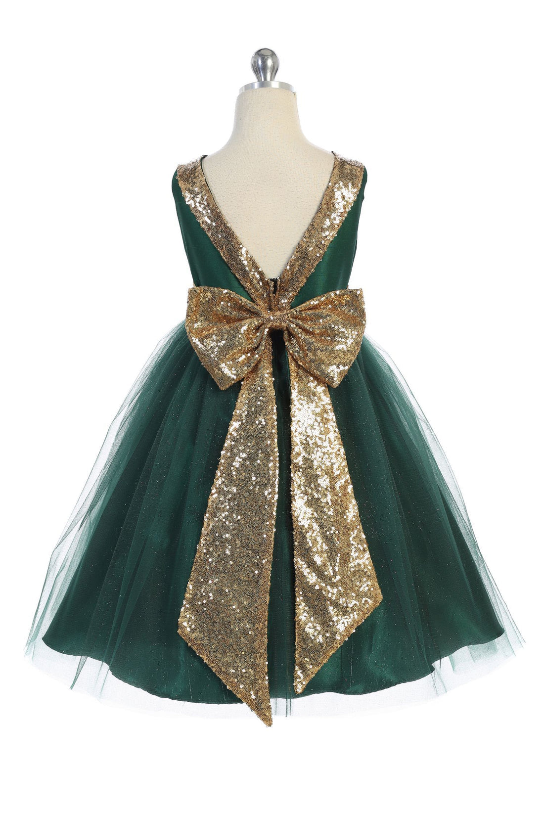 Kids Dream 498 Red Dupioni Tulle Dress w/ Gold Sequins V-Back &Bow - Size: 4