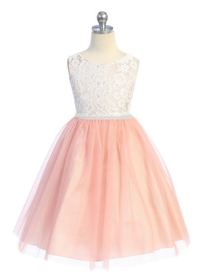Lace Illusion Girls Dress with Thick Pearl Trim 12 / Dusty Rose Lace Illusion Girls Dress with Thick Pearl Trim 12 / Dusty Rose