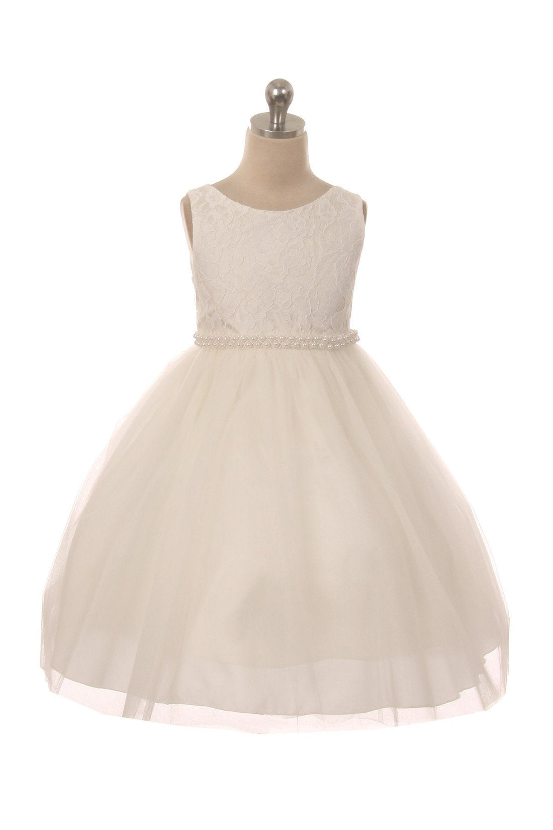 Lace Illusion Girls Dress with Thick Pearl Trim 14 / Off-White