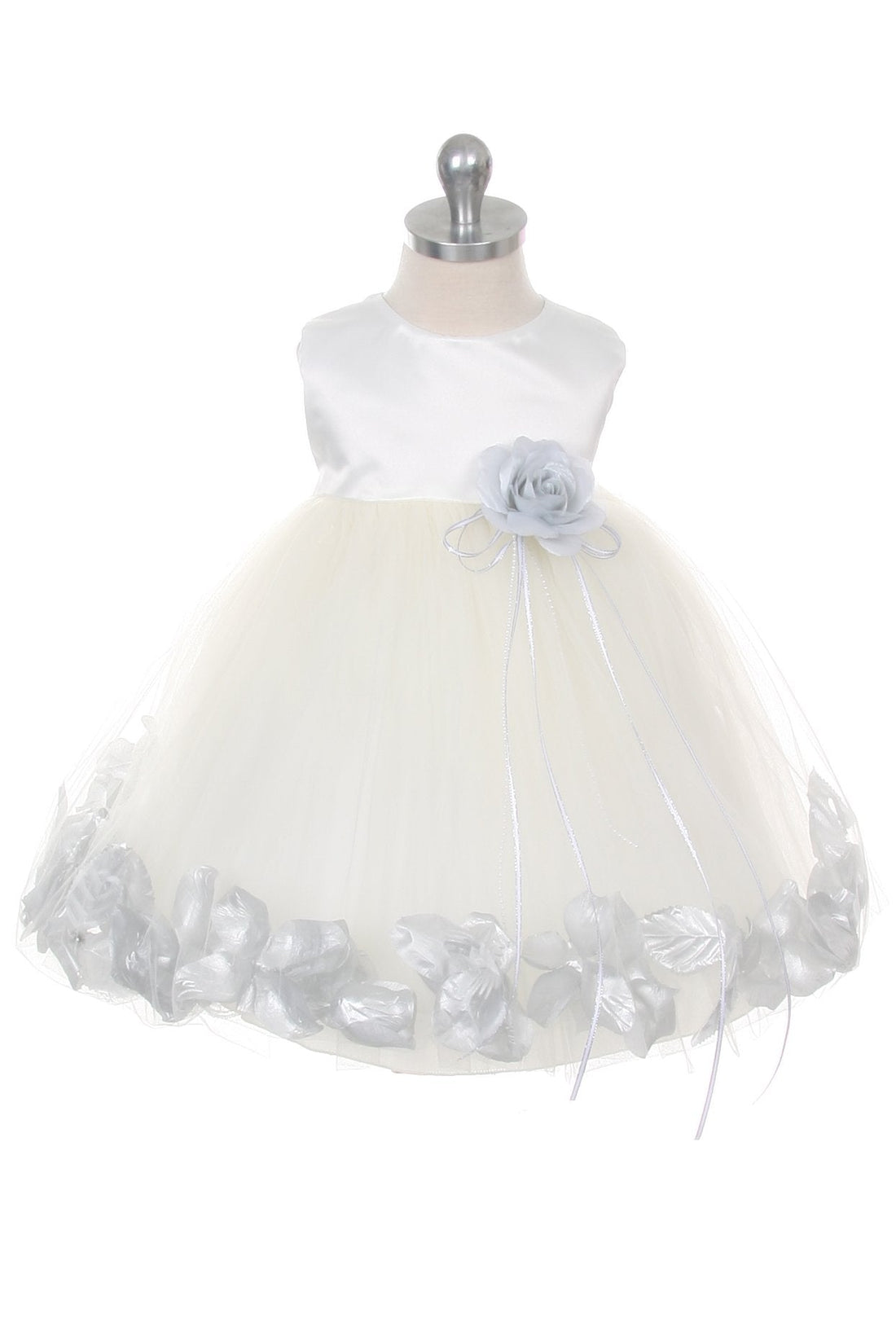 Ivory Satin Flower Petal Baby Dress M-12M / Ivory / Silver Ivory Satin Flower Petal Baby Dress M-12M / Ivory / Silver