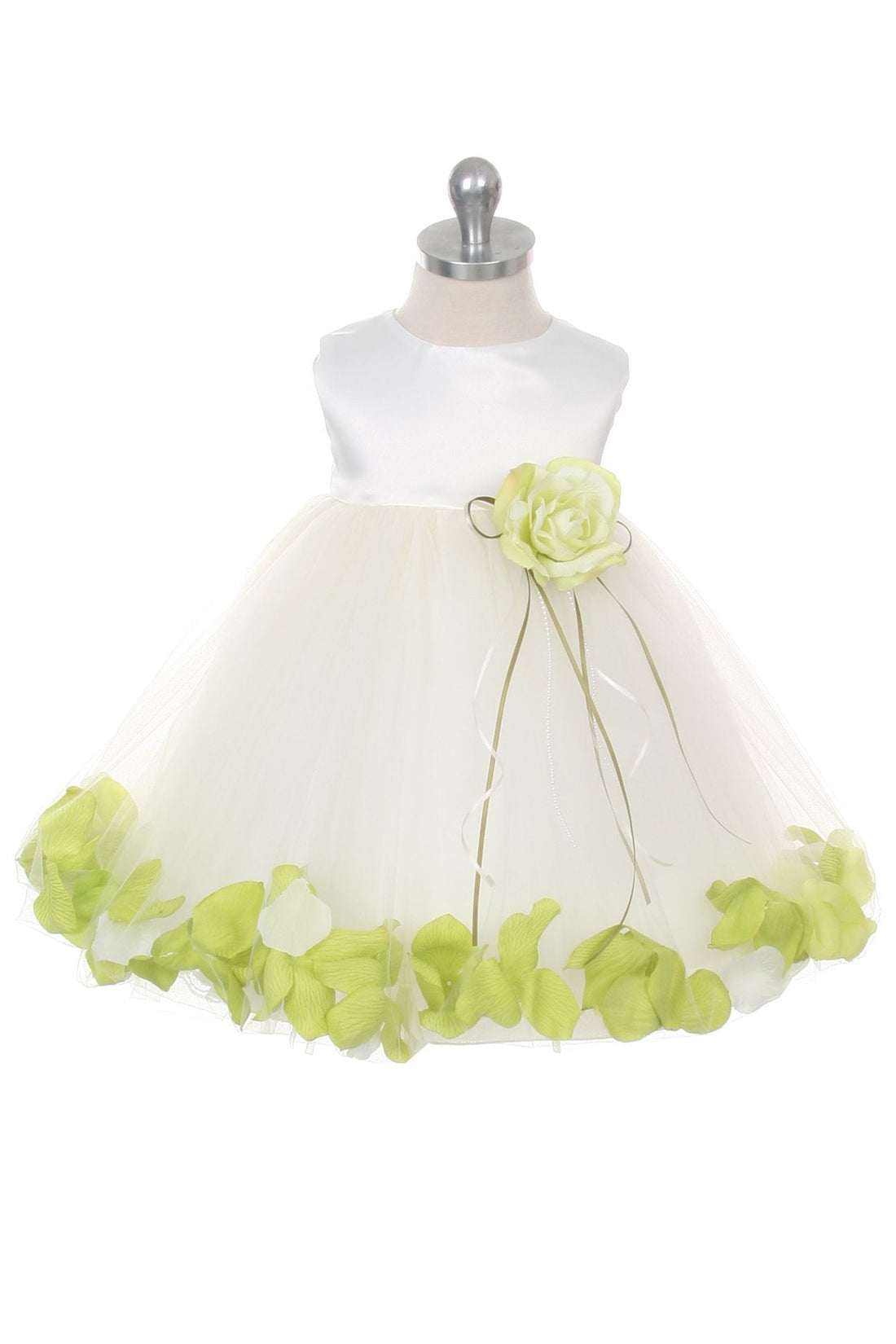 Ivory Satin Flower Petal Baby Dress L-18M / Ivory / Lime