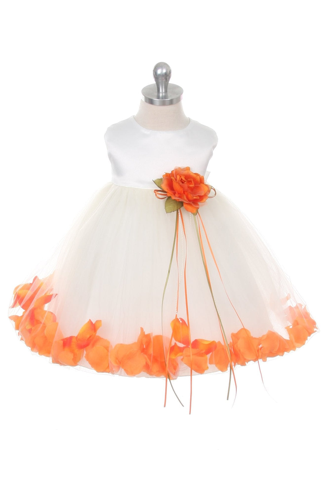 White Satin Flower Petal Baby Dress M-12M / White / Orange