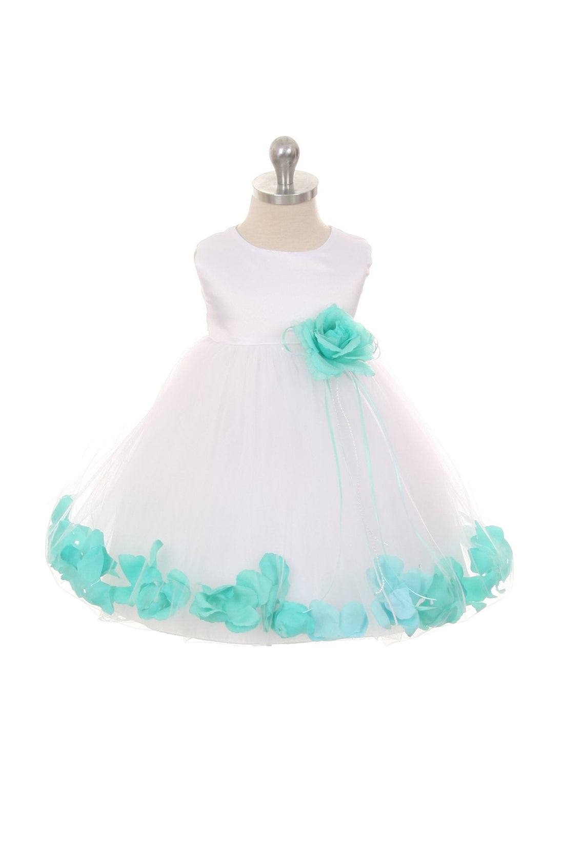 White Satin Flower Petal Baby Dress XL-24M / White / Mint White Satin Flower Petal Baby Dress XL-24M / White / Mint