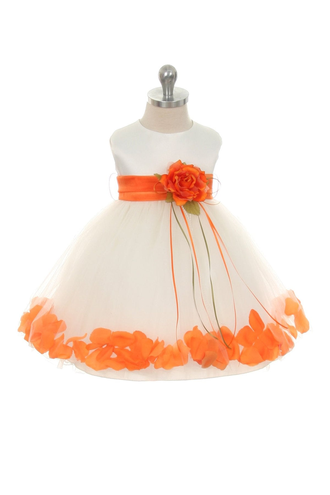 strapless open back dress Ivory Satin Flower Petal Baby Dress with Organza Sash XL-24M / Ivory / Orange