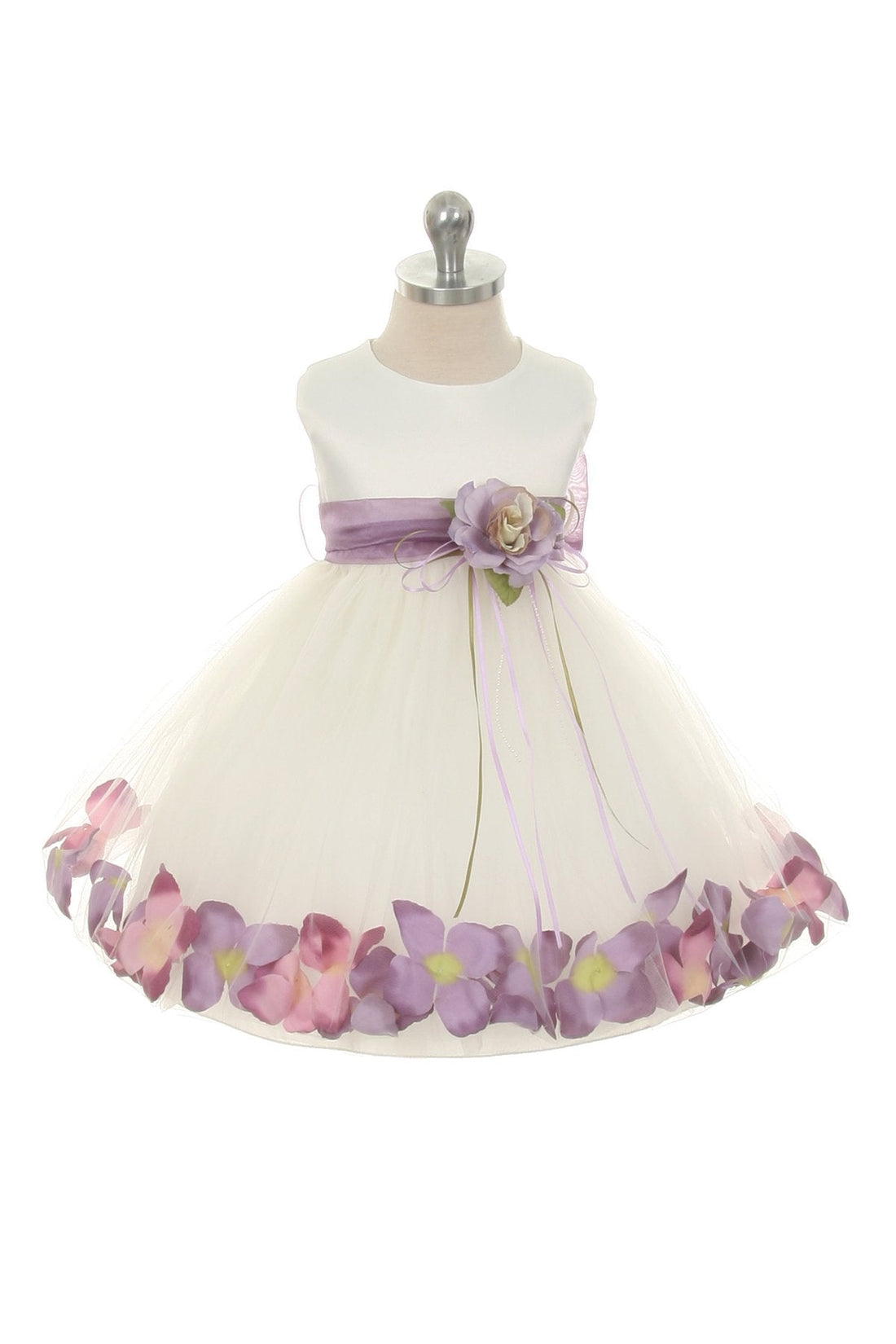 White Satin Flower Petal Baby Dress with Organza Sash L-18M / White / Lavender White Satin Flower Petal Baby Dress with Organza Sash L-18M / White / Lavender