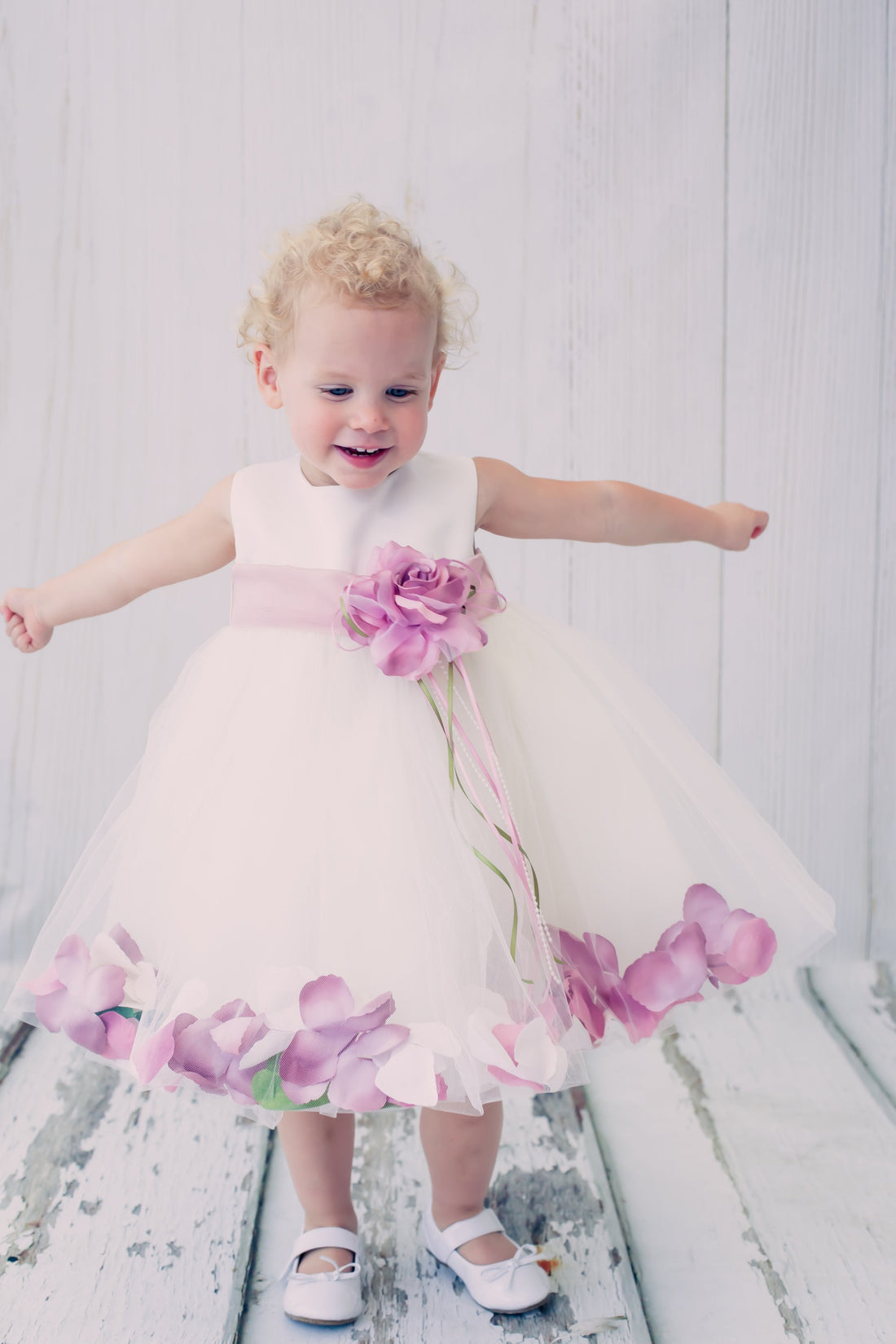 Baby White Satin Flower Petal with Organza Sash Flower Girl Dress- AS1 – Ariststyles