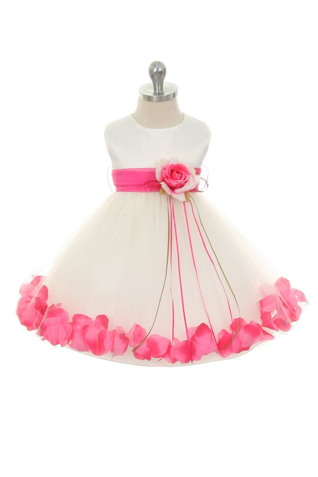 White Satin Flower Petal Baby Dress with Organza Sash M-12M / White / Fuchsia White Satin Flower Petal Baby Dress with Organza Sash M-12M / White / Fuchsia