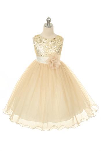 Gold Sequined Bodice w/ Double Layered Mesh Dress - Size: 8