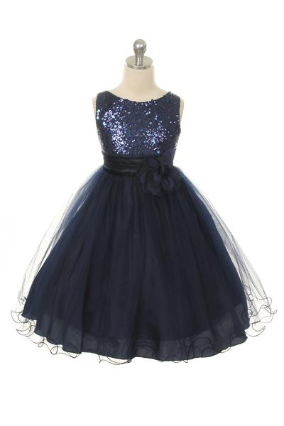 Sequin Party Plus Size Girls Dress with 3D Mesh Flower and Sash 18.5 / Navy