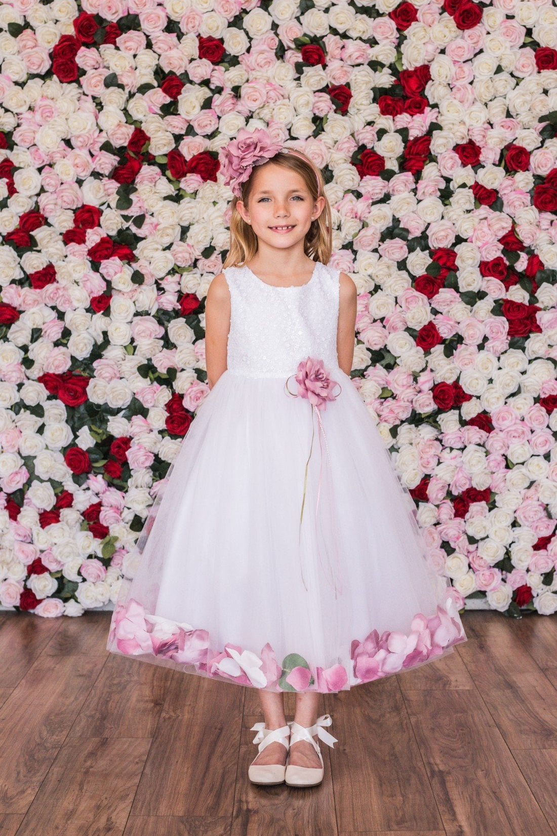 White Satin Flower Petal Girl Dress with Organza Sash (1 of 2) 6 / White / Lavender