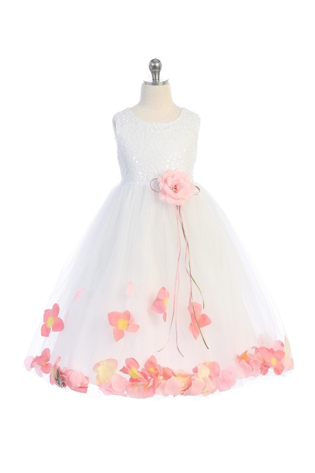 White Satin Flower Petal Girl Dress with Organza Sash (1 of 2) 6 / White / Lavender