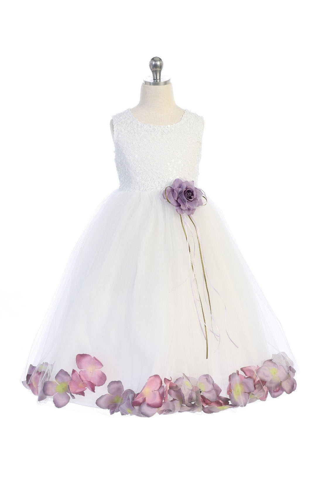 White Satin Flower Petal Girl Dress with Organza Sash (1 of 2) 6 / White / Lavender