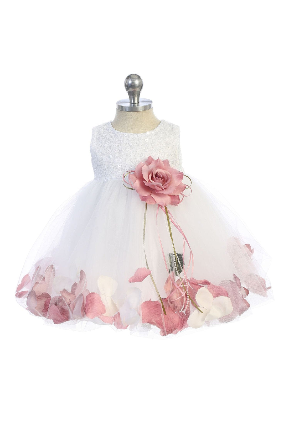 Dusty Rose Top Satin Flower Petal Baby Dress with Organza Sash L-18M / Dusty Rose/Ivory / Dusty Rose