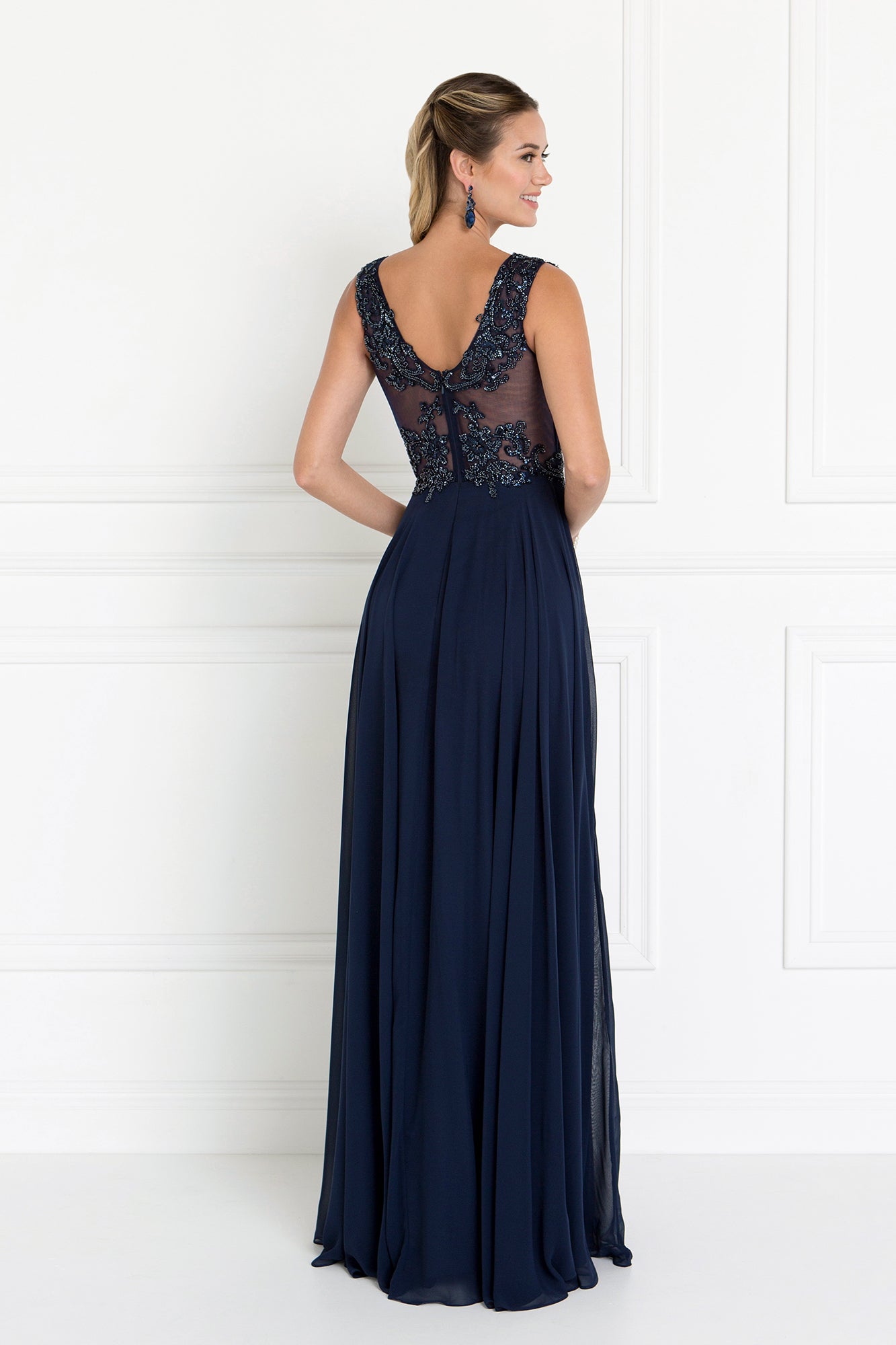 Elizabeth K - GL1566 - Embellished Chiffon V-Neck A-Line Dress