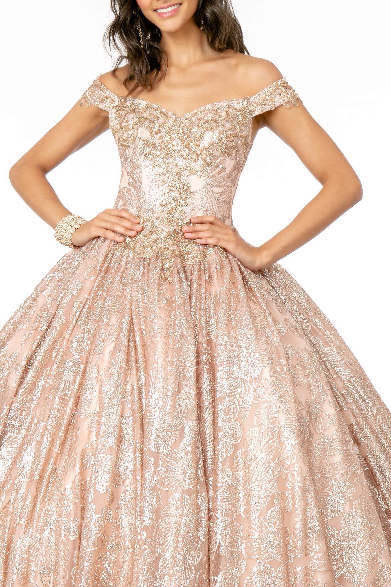 Glitter Print Off Shoulder Gown by Elizabeth KGL1820 - 2XL / Champagne Glitter Print Off Shoulder Gown by Elizabeth KGL1820 - 2XL / Champagne