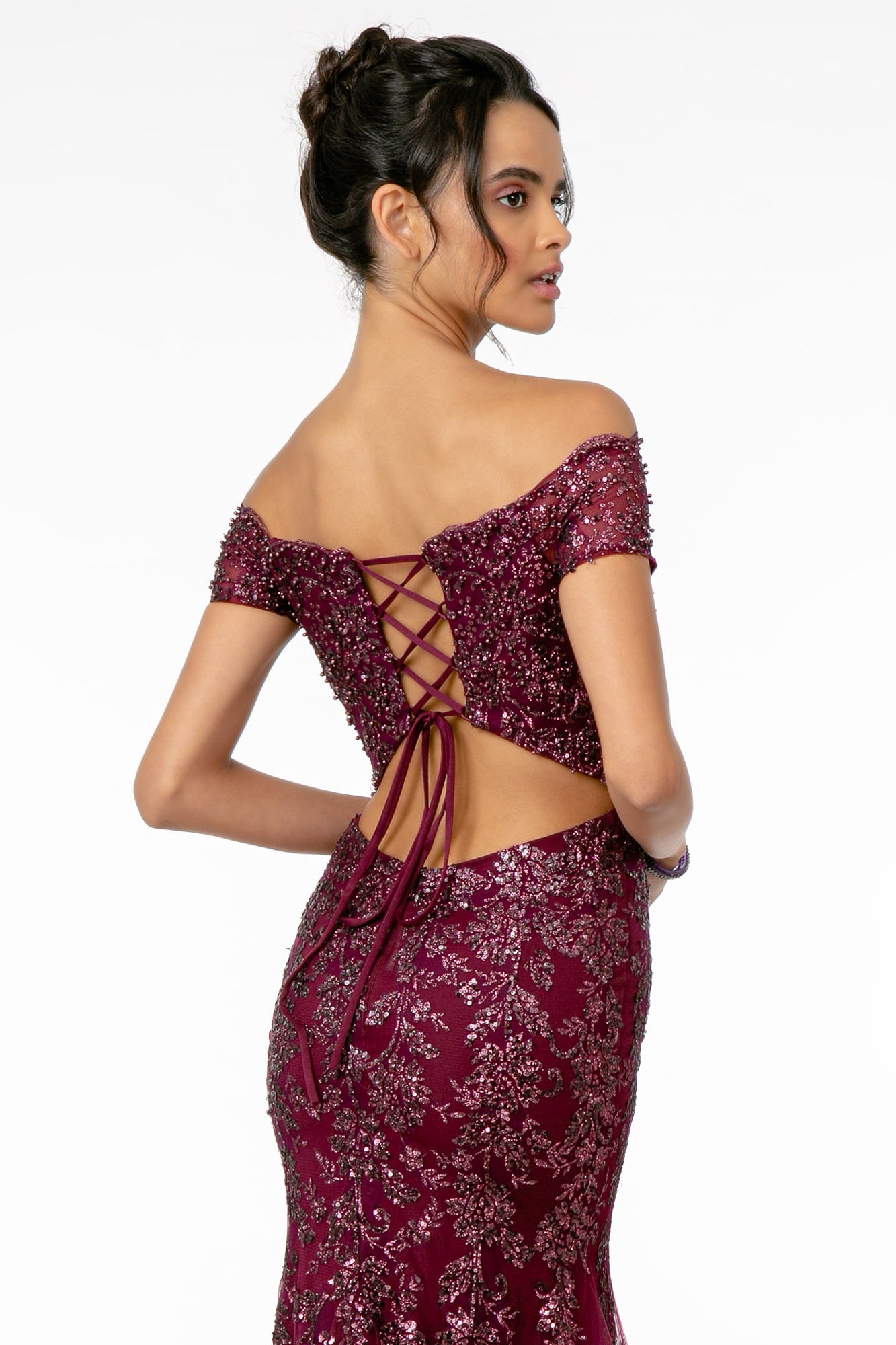 white christmas dresses GLS by Gloria - GL1823 Glitter Mesh Cutout Back Mermaid Gown 2XL / Wine