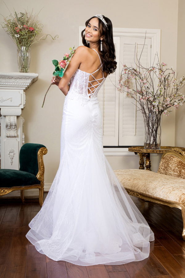 fitted lace wedding dress Ivory Mermaid Wedding Dress with Illusion Corset & Cathedral Train – W2276 Ivory / US16