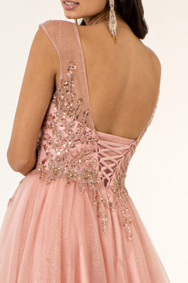 Elizabeth K - GL1954 - Mesh Boat-Neck Glitter Dress