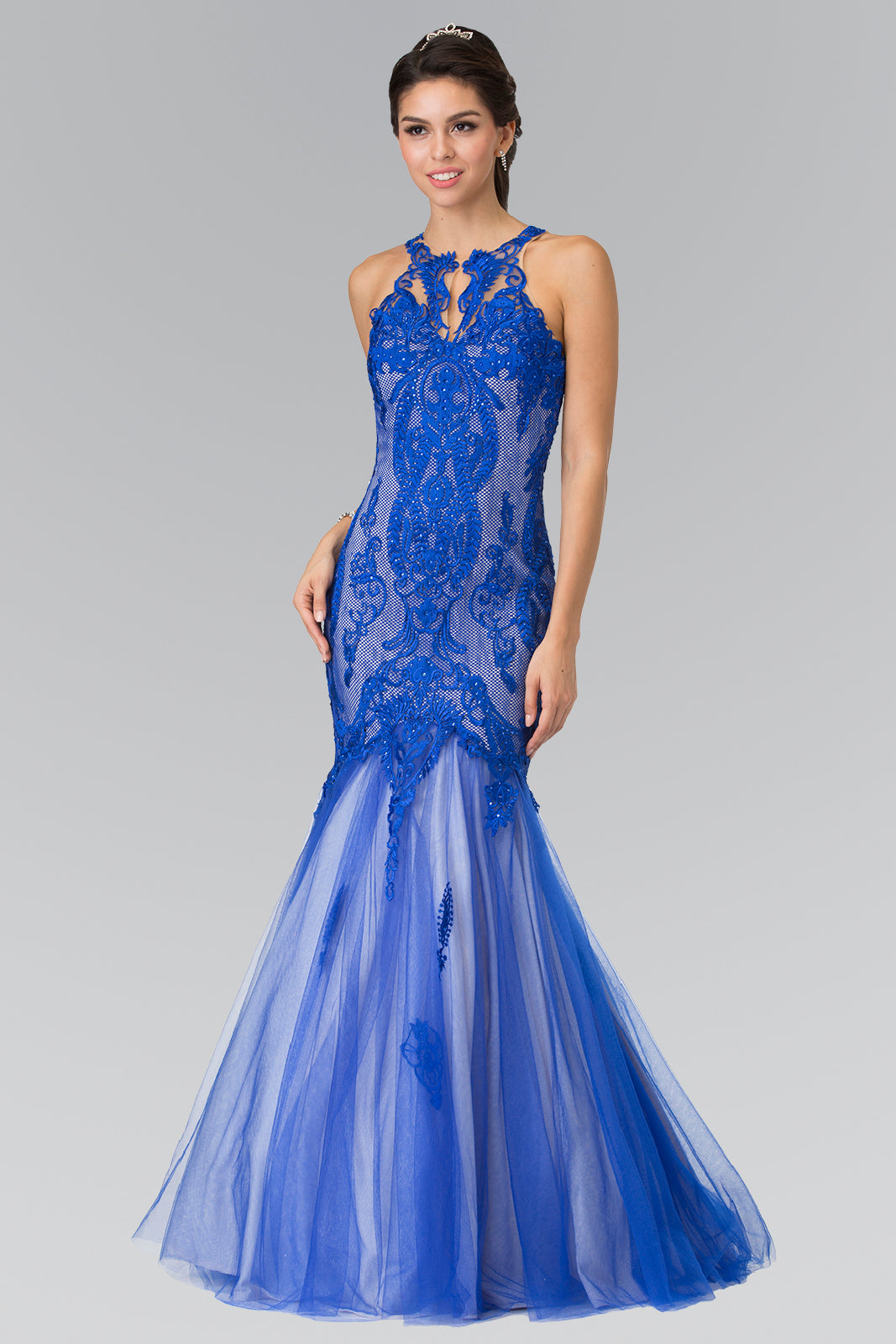 Elizabeth K - GL2219 - Sheer Lace Halter Neck Mermaid Dress