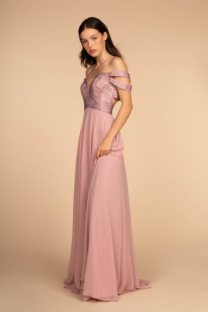 Elizabeth K - GL2527 - Embellished Cut-Away Shoulder A-Line Dress - Special Occasion/Curves