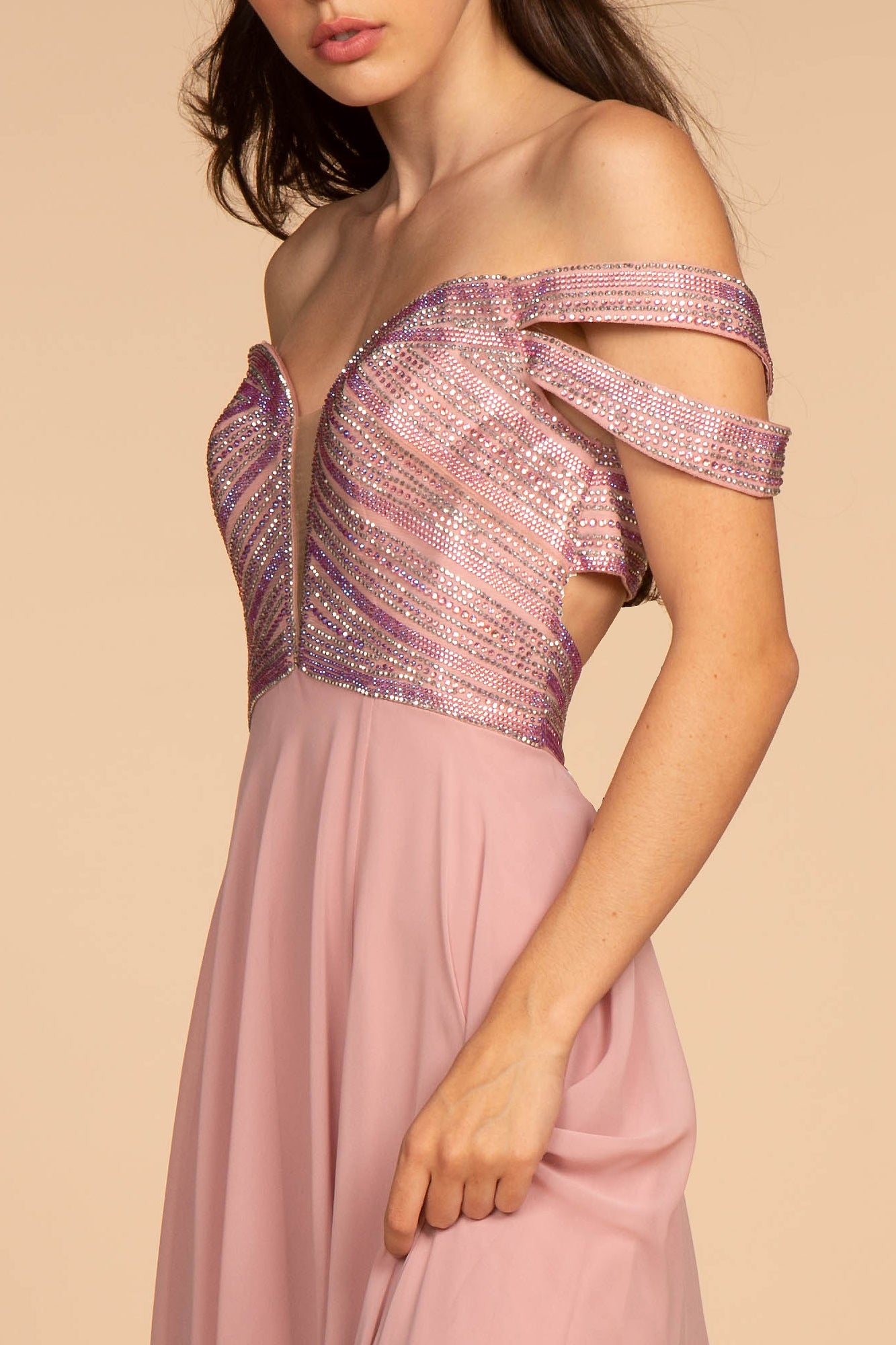 Elizabeth K - GL2527 - Embellished Cut-Away Shoulder A-Line Dress - Special Occasion/Curves