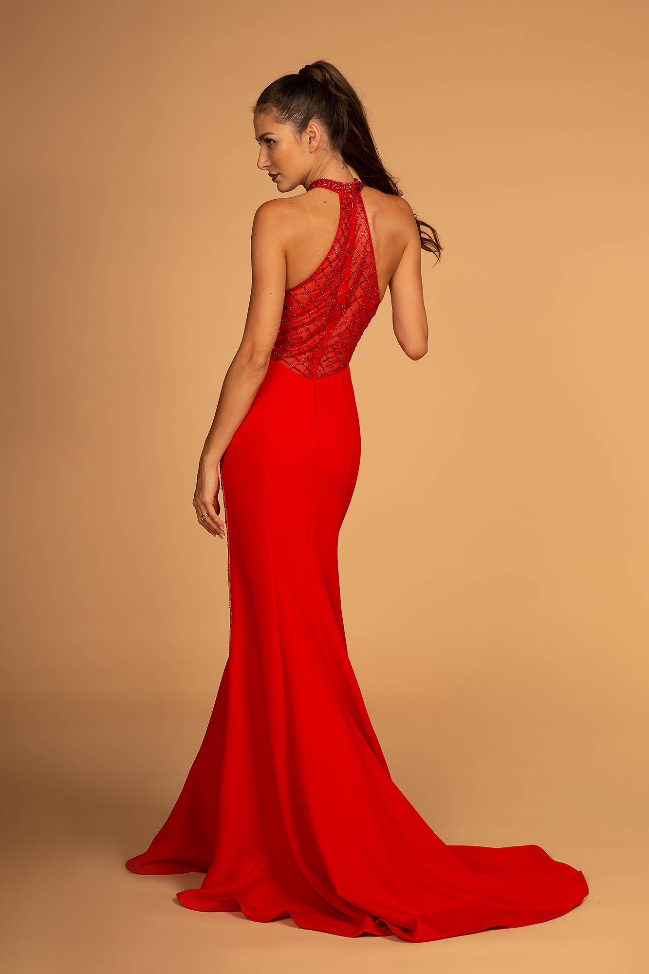 red carpet jersey dress with back neckline GLS Red Prom Long Dress Evening Gown - XS - High Neckline with Beads