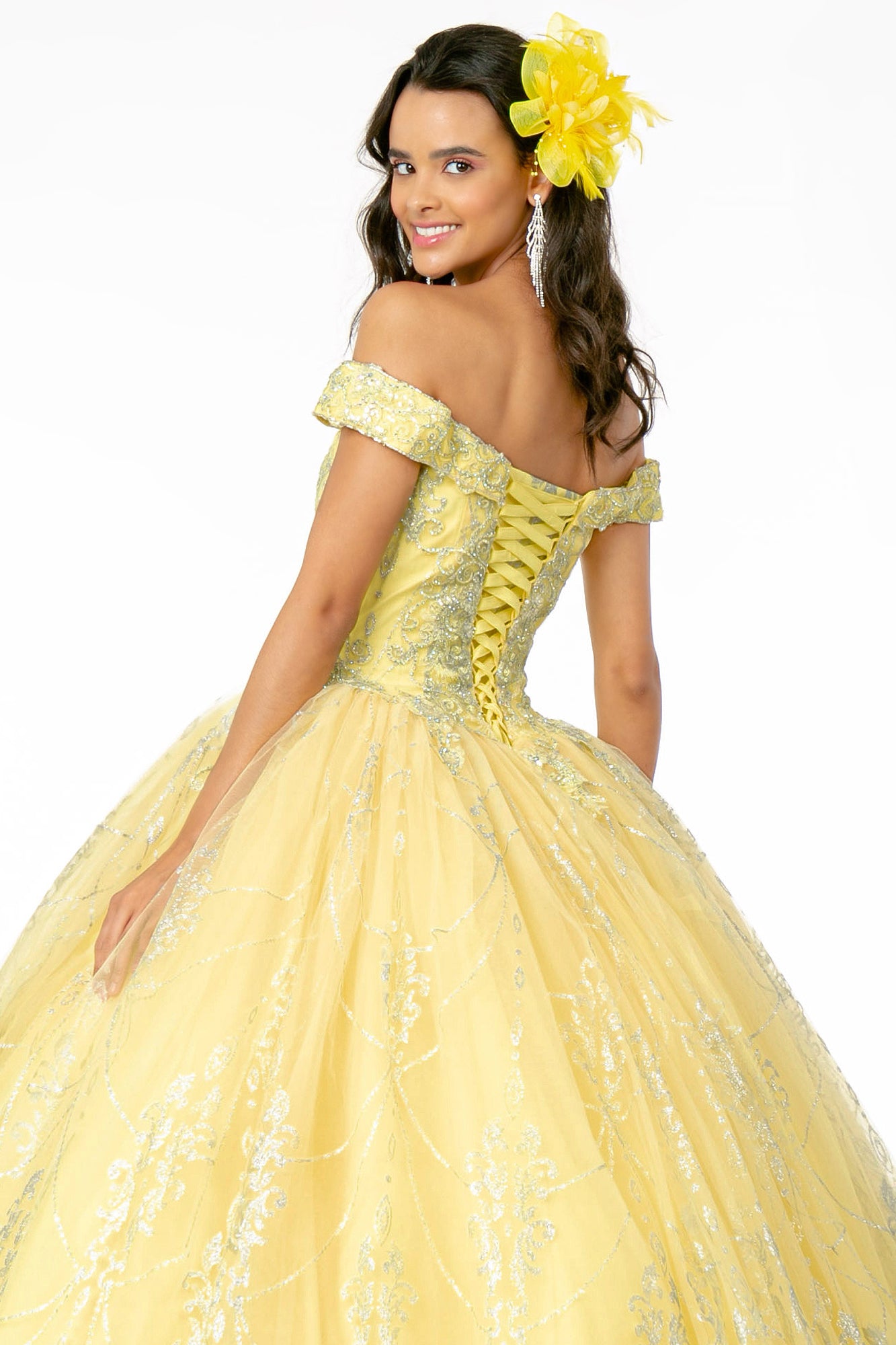 yellow off the shoulder quince dress Off Shoulder Glitter Gown by Elizabeth KGL2910