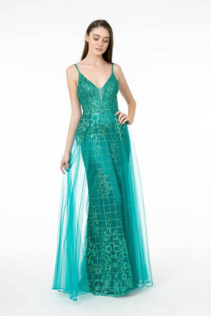 Elizabeth K - GL2924 - Mesh Glitter Deep V-Neck Dress