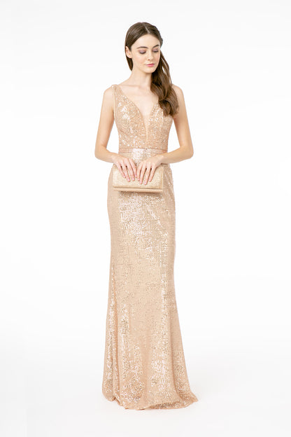 GL2957 Elizabeth K Deep Illusion V-Neck Sequin Long Dress w/ V-Back -Sales