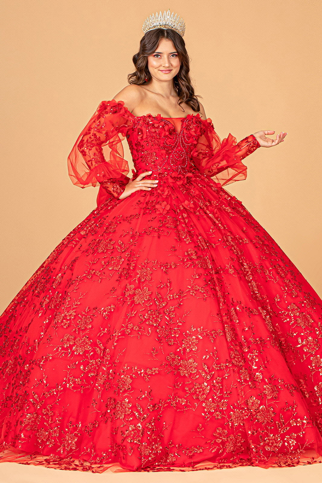 red off the shoulder quince dress Elizabeth K GL3071 Glitter Ball Gown