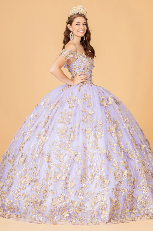 Off the Shoulder Corset Floral & Butterfly Applique Sweetheart Quinceanera by Elizabeth K - GL3077