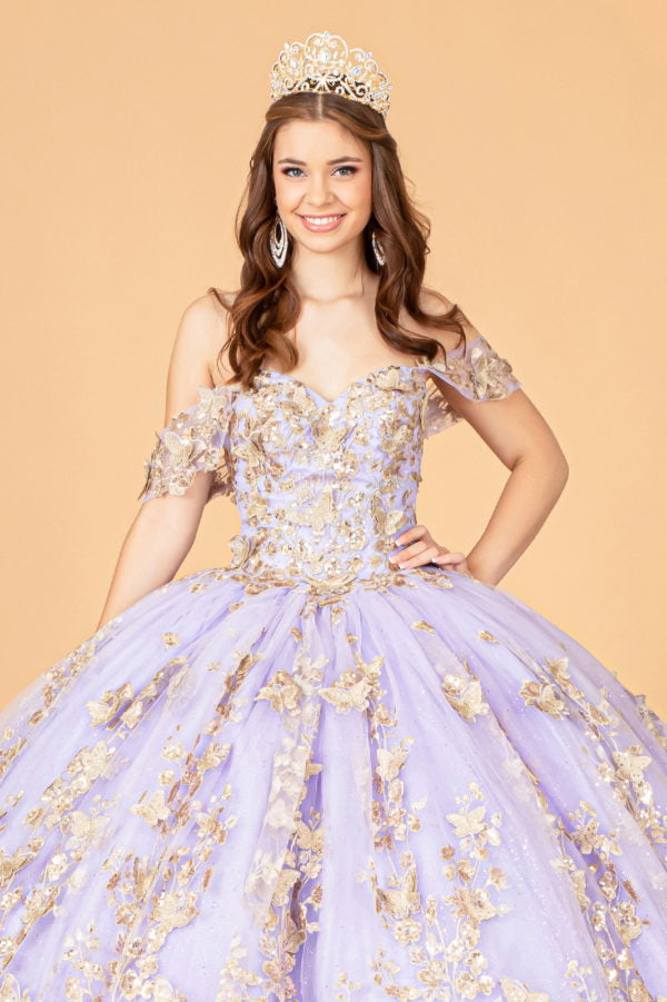 Off the Shoulder Corset Floral & Butterfly Applique Sweetheart Quinceanera by Elizabeth K - GL3077