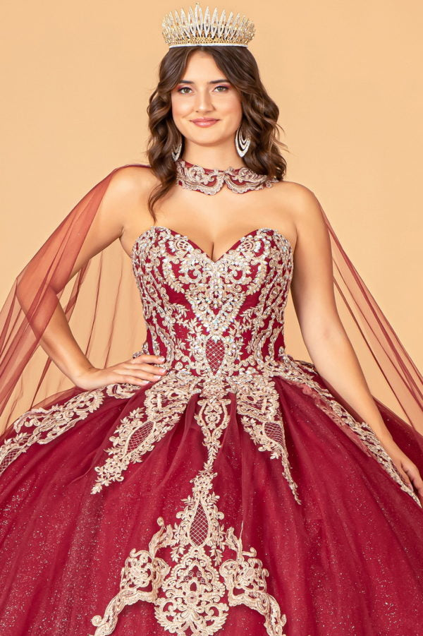 Strapless Embellished Glitter Jewel Quinceanera Dress  with Long Mesh Cape by Elizabeth K - GL3078