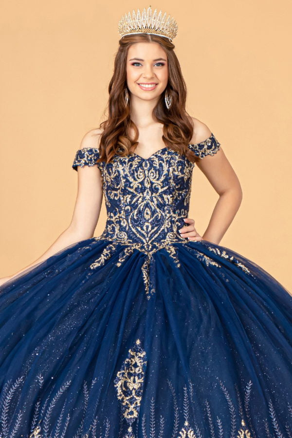 navy blue quince dress off the shoulder Elizabeth K GL3079 quinceanera dresses | ball gown