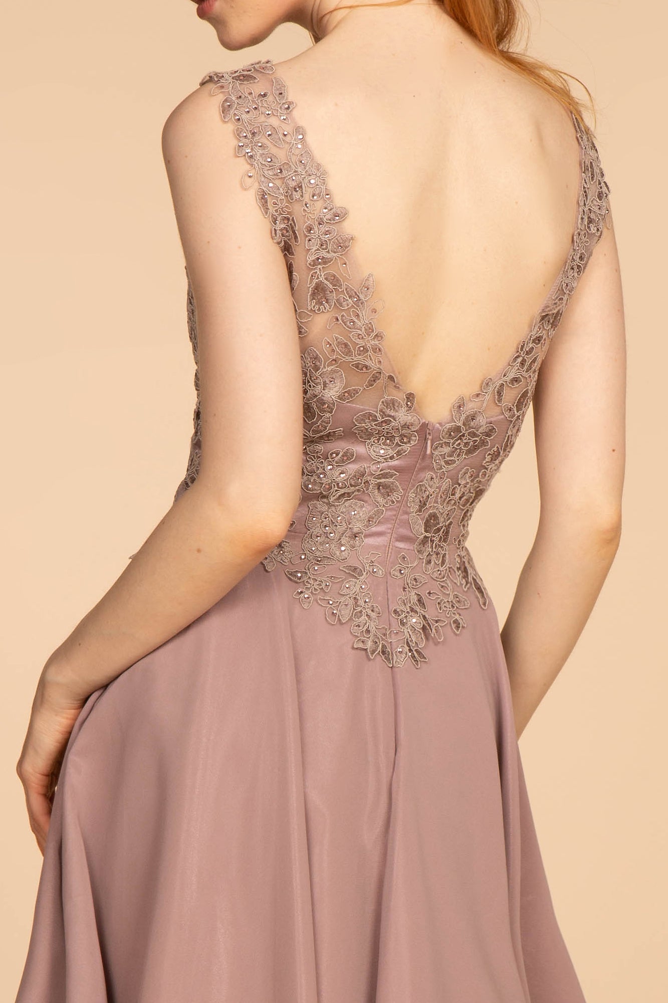 Elizabeth K - GS1622 - Applique Bodice V-Neck Chiffon Cocktail Dress