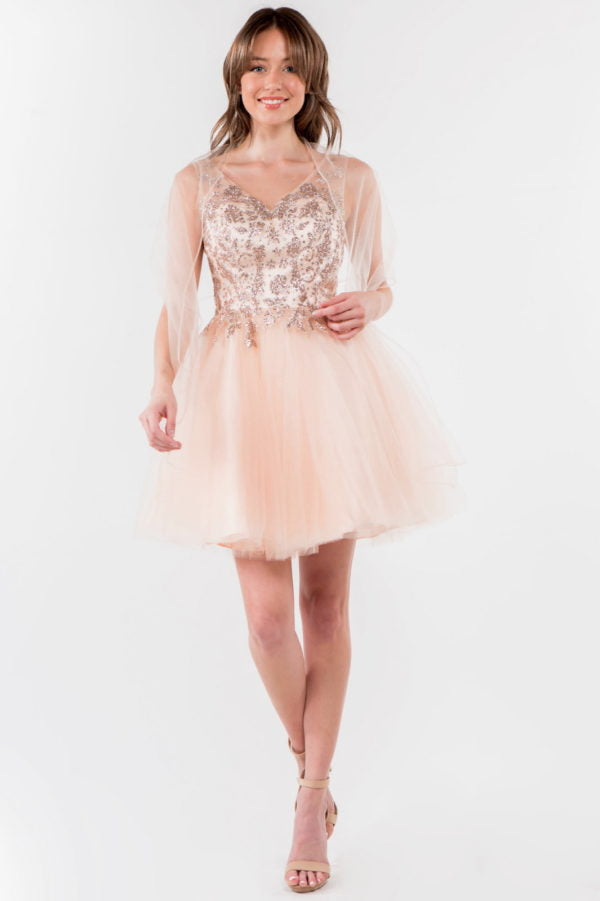 Elizabeth K - GS1968 - Embellished Bodice V-Neck Tulle Short Cocktail Dress XL / Blush Elizabeth K - GS1968 - Embellished Bodice V-Neck Tulle Short Cocktail Dress XL / Blush